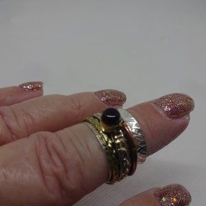 Whimsical "BLACK ONYX" Handmade SPINNER RING with SILVER, GOLD & COPPER #202A
